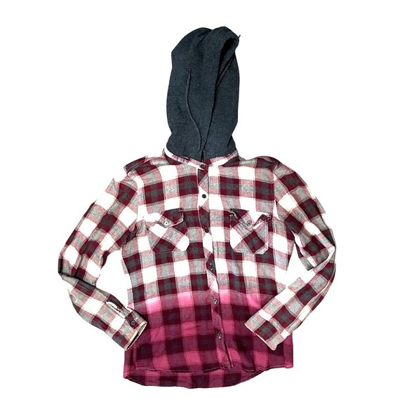 Empyre Hooded Plaid Flannel Shirt Jacket Burgundy Gray Ombre Hoodie Skate Street - Picture 11 of 11